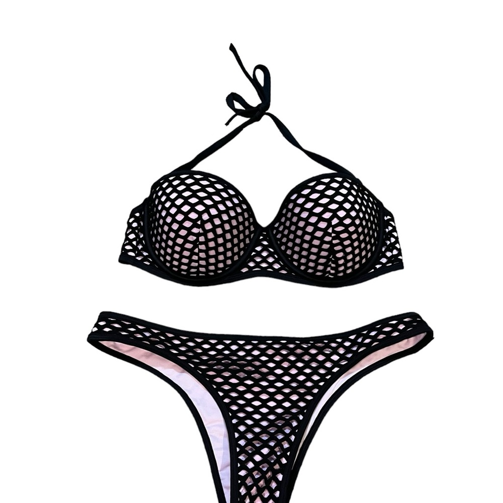 Victoria's Secret bikini black and pink bra size 34D bottom size small EUC
